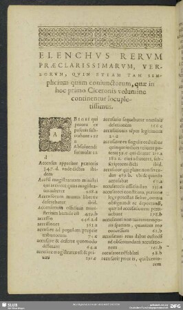 Elenchus Rerum Praeclarissimarum, Verborum, Quin Etiam Tam Simplicium quam coniunctorum, quae in hoc primo Ciceronis volumine continentur locupletissimus