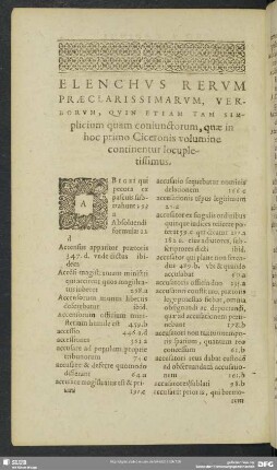 Elenchus Rerum Praeclarissimarum, Verborum, Quin Etiam Tam Simplicium quam coniunctorum, quae in hoc primo Ciceronis volumine continentur locupletissimus