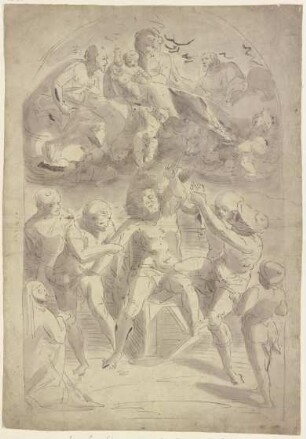 Martyrium des Heiligen Bartholomäus, darüber in Wolken die Madonna mit Kind, zu beiden Seiten die Heiligen Johannes der Täufer und Lukas, links unten eine kniende Nonne
