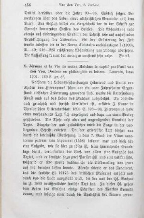 456-457 [Rezension] VanDenVen, Paul, S. Jérome et la vie du moine Malchus le Captif