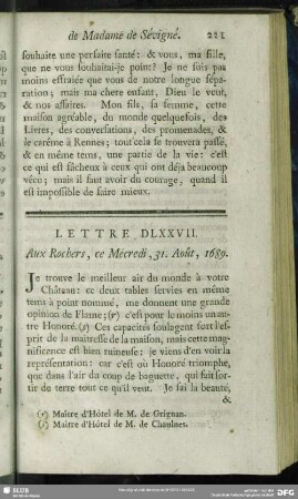 Lettre DLXXVII. Aux Rochers, ce Mécredi, 31. Août, 1689