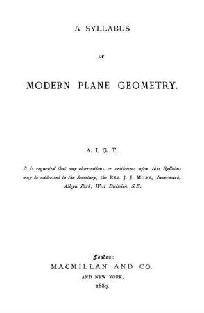 A Syllabus of Modern Plane Geometry