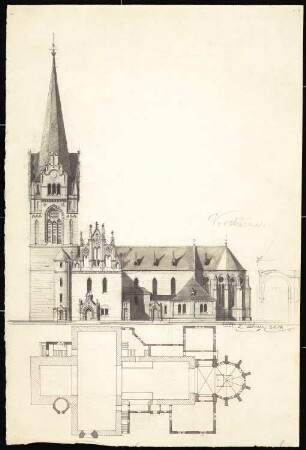 Stadtkirche St. Katharinen, Schwedt/Oder Anbau: Vorskizze zum Umbau, Seitenansicht und Grundriss