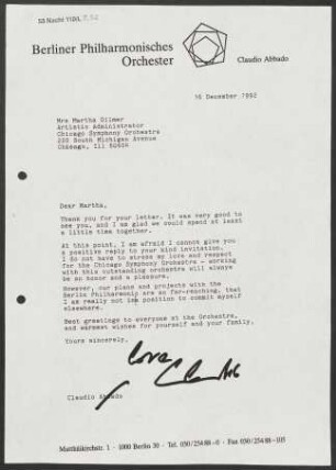 Brief an Martha Gilmer an Chicago Symphony Orchestra, 16.12.1992