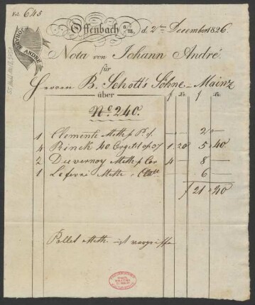 [Rechnung] Nota : 02.12.1826