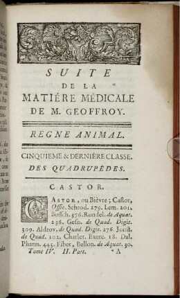 Regne Animal. Cinquieme & Derniére Classe. Des Quadrupédes.
