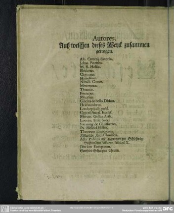 Autores, Auß welchen dieses Werck zusammen getragen