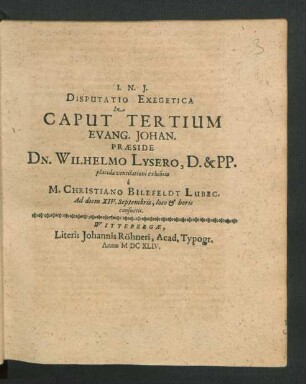 Disputatio Exegetica In Caput Tertium Evang. Johan.