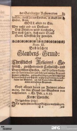 Num. III. Biblischer Glaubens-Grund: Oder Christliches Religions-Gespräch