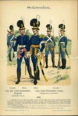 Uniformdarstellung, Grenadiere und Offiziere der Leib-Grenadier-Brigade bzw. des Leib-Grenadier-Korps, Königreich Schweden, 1807.