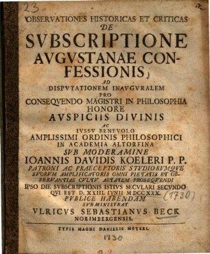 Observationes Historicas et Criticas de Svbscriptione Avgvstanae Confessionis