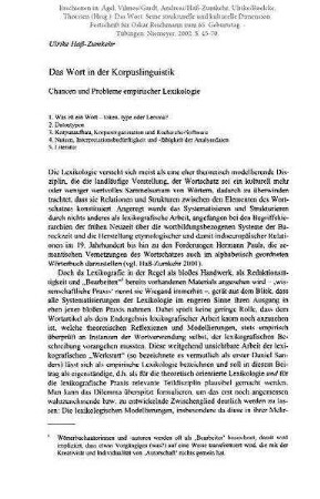 Das Wort in der Korpuslinguistik. Chancen und Probleme empirischer Lexikologie