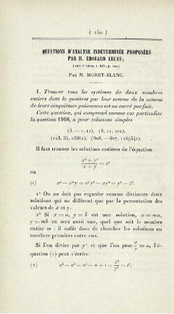 Questions d'analyse indéterminée proposées par M. Édpuard Lucas.