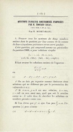 Questions d'analyse indéterminée proposées par M. Édpuard Lucas.