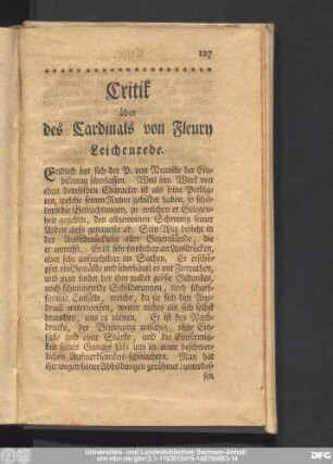 Critik über des Cardinals von Fleury Leichenrede.