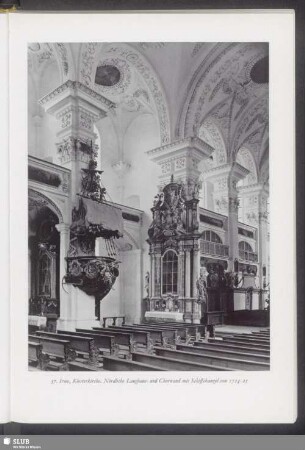 Irsee, Klosterkirche, Nördliche Langhaus- und Chorwand mit Schiffskanzel von 1724-25