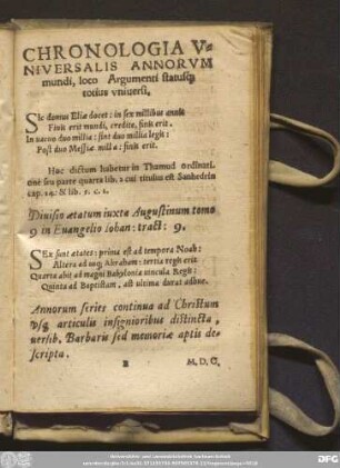 Chronologia Universalis Annorum mundi, loco Argumenti statusq[ue] totius universi.