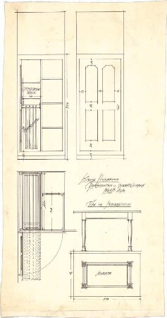 Dolmetsch, Heinrich; Holzbronn; Ev. Pfarrkirche mit Pfarrhaus - Paramenten u. Geräteschrank, Tisch u. Studierzimmer (Ansichten, Schnitte)