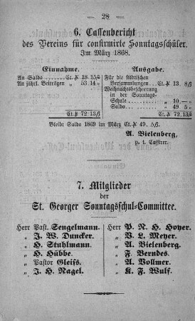 6. Cassenbericht des Vereins für confirmirte Sonntagsschüler. Im März 1868.