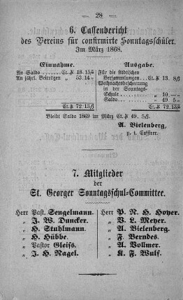 6. Cassenbericht des Vereins für confirmirte Sonntagsschüler. Im März 1868.
