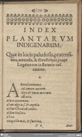 Index Plantarum indigenarum, Quae in locis paludosis, pratensibus, arenosis, & silvestribus prope Lugdunum in Batavis nascuntur
