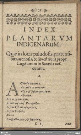 Index Plantarum indigenarum, Quae in locis paludosis, pratensibus, arenosis, & silvestribus prope Lugdunum in Batavis nascuntur