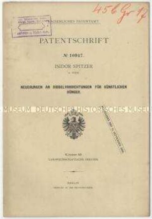 Patentschrift einer Neuerung an Dibbelvorrichtungen für künstlichen Dünger, Patent-Nr. 10947