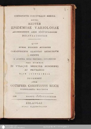 Dissertatio Inavgvralis Medica Sistens Brevem Epidemiae Variolosae Arzbergensis Anni [MD]CCLXXXXI Delineationem