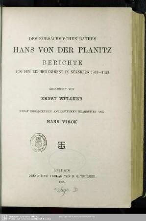 Des Kursächsischen Rathes Hans von der Planitz Berichte aus dem Reichsregiment in Nürnberg 1521 - 1523