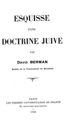 Esquisse d'une doctrine juive / par David Berman
