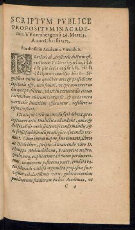 Scriptum Publice Propositum In Academia Witembergensi 26. Martii, Anno Christi 1571.