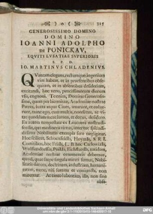Generosissimo Domino Domino Ioanni Adolpho De Ponickau, Equiti Lusatiae Superioris S.P.D. Io. Martinus Chladenius.