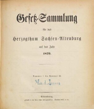 Gesetz-Sammlung für das Herzogthum Sachsen-Altenburg : auf das Jahr .... 1879