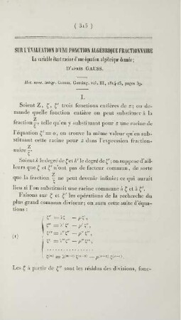 Sur l'évaluation dùne fonction algébrique dractionnaire La variable étant racine dùne équation algébrique donnée; d'après Gauss.