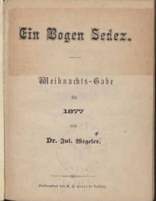 Ein Bogen Sedez : Weihnachts-Gabe für 1877