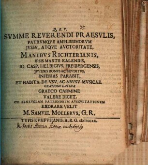 Summe reverendi praesulis ... iussu ... Manibus Richterianis ipsis Martii Kalendis Jo. Casp. Helbig ... inferias parabit ... : [Programma ad hunc actum oratorium invitatorium, de poetis heroum suorum imitatoribus]