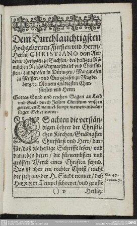 [Vorrede] Dem Durchlauchtigsten Hochgebornen Fürsten und Herrn, Herrn Christiano dem Andern, Hertzogen zu Sachsen ...
