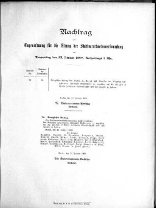 Anlage: Nachtrag zur Tagesordnung für die Sitzung, 23. Januar 1908