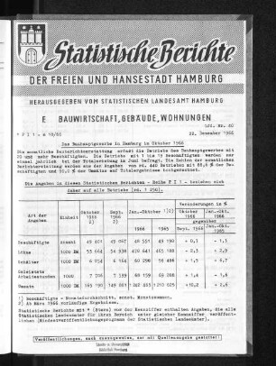 Das Bauhauptgewerbe in Hamburg im Oktober 1966 : Lfd. Nr. 40