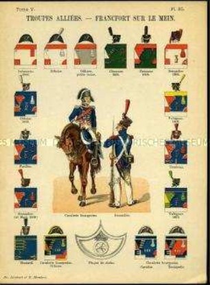 Uniformdarstellung, Kavallerist und Grenadier der Alliierten Frankfurtschen Regimenter, Detailstudien von Kopfbedeckungen und Abzeichen der Alliierten Frankfurtschen Regimenter, Erstes Kaiserreich Frankreich, 1806/1810.