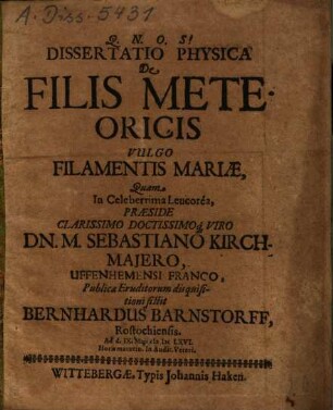 Dissertatio Physica De Filis Meteoricis Vulgo Filamentis Mariae