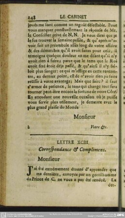 Lettre XCIII. Correspondance & Complimens