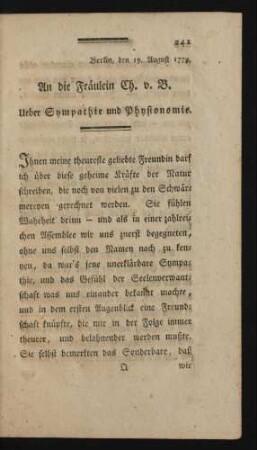 Berlin, den 19. August 1779. An die Fräulein Ch. v. B. Über Sympathie und Physionomie