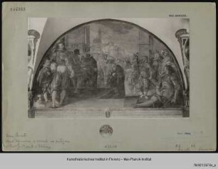Freskenzyklus mit Darstellungen zu den Ursprüngen des Servitenordens : Uguccione wird auf Empfehlung des Filippo Benizzi von Rudolf von Habsburg empfangen (1270)
