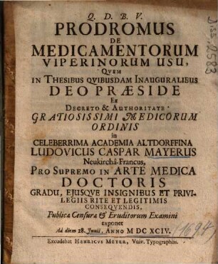 Prodromus De Medicamentorum Viperinorum Usu