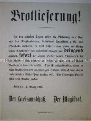 Schriftplakat/Maueranschlag zur Ankündigung der Einstellung von Brotlieferungen aus anderen Städten