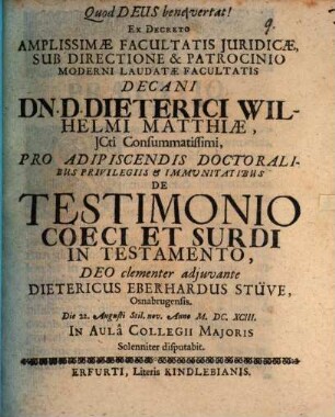 Diss. iur. de testimonio coeci et surdi in testamento