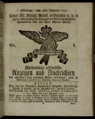 No. 1. Montags, den 4ten Januarii 1751.