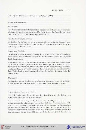 Sitzung der Math.-nat. Klasse am 29. April 2006