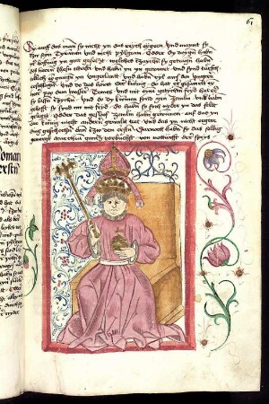 Thronender ungarischer Herrscher: König Coloman; von Rankenwerk umgeben.